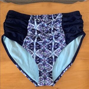 Adore Me Women's 2X Swim Bottom Navy and Aqua Floral Full Coverage NWT Lined